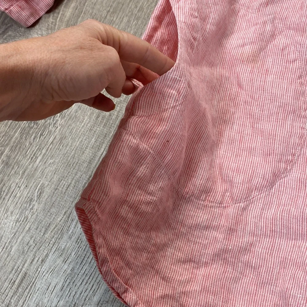 Chico's Womens Sz 0 Button Up Roll Sleeve Striped Linen Tunic  Pink Pockets - Picture 3 of 5